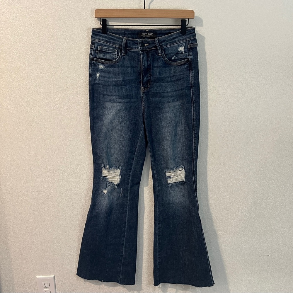 Judy Stretch Medium Wash Blue Ripped Distressed Denim Flare Jeans Size 9 / 29